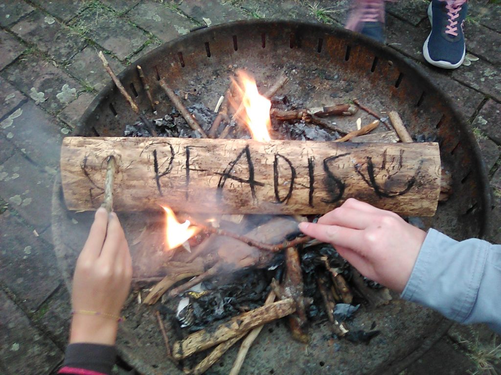Ein Holzscheit liegt im Feuer. Auf ihm steht mit Asche geschrieben "PFADIS"