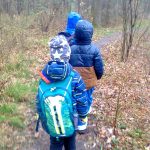 Drei Jungen sind von hinten zu sehen. Sie laufen auf einem Waldweg. Rechts und links stehen Bäume und wächst Moos.