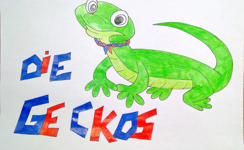 Ein mit Buntstiften gemalter Gecko mit Pfadfinderhalstuch auf weißem Grund. Daneben steht in roten und blauen Buchstaben "Die Geckos"